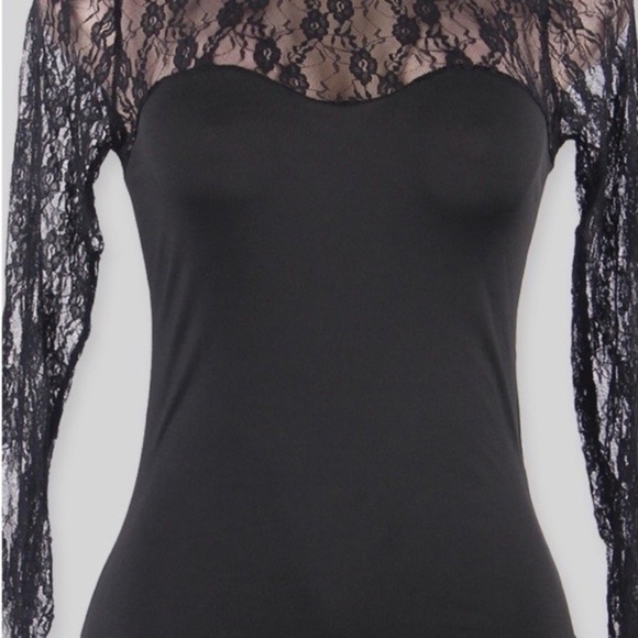 Black Long sleeve lace sleeve Romper Teddy Body suit. Snap crotch Cotton Romper. - Picture 2 of 3